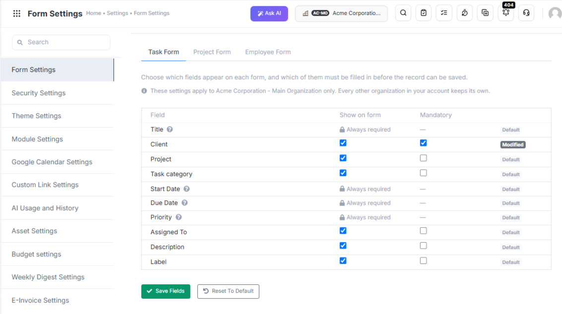 Customize Task, Project & Employee Forms